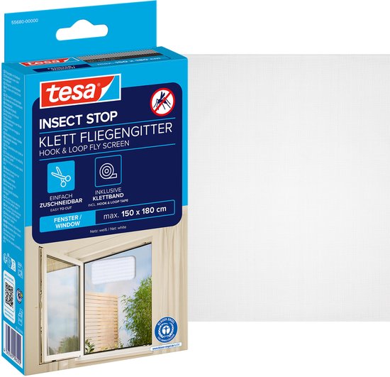 tesa Insect Stop H&L raamhor - klittenband op maat te snijden zonder boren - 150×180 cm - Wit