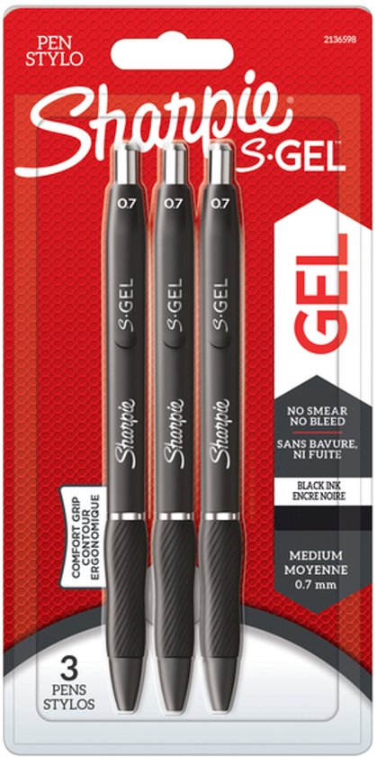 Sharpie S-Gel gelpennen - medium punt 0,7 mm - zwarte inkt - set van 3