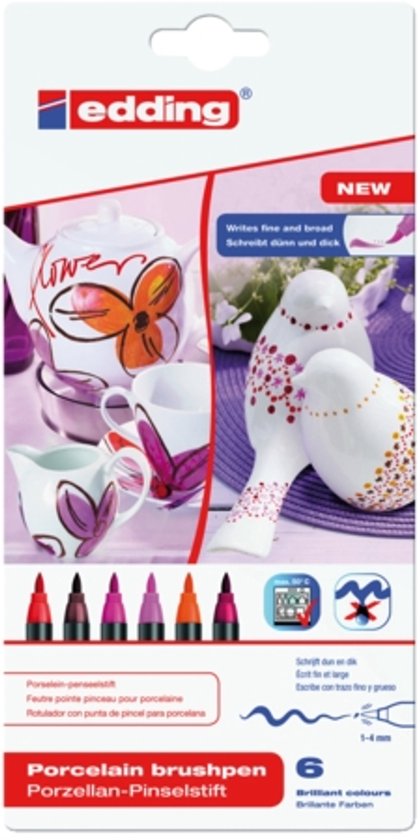 Edding 4200 porcelain brush pens set of 6 - brush tip 1-4 mm dishwasher-safe - Warm colours