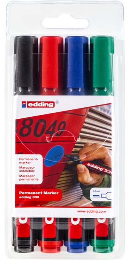 Edding 330 permanent marker set of 4 - chisel tip 1-5 mm - Black, Red, Blue, Green