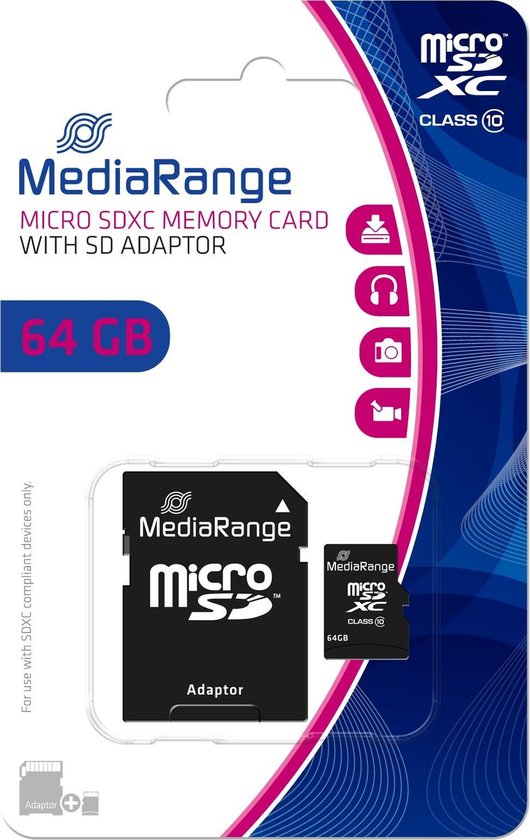 MediaRange microSD kaart - 64 GB - class 10 - inclusief adapter