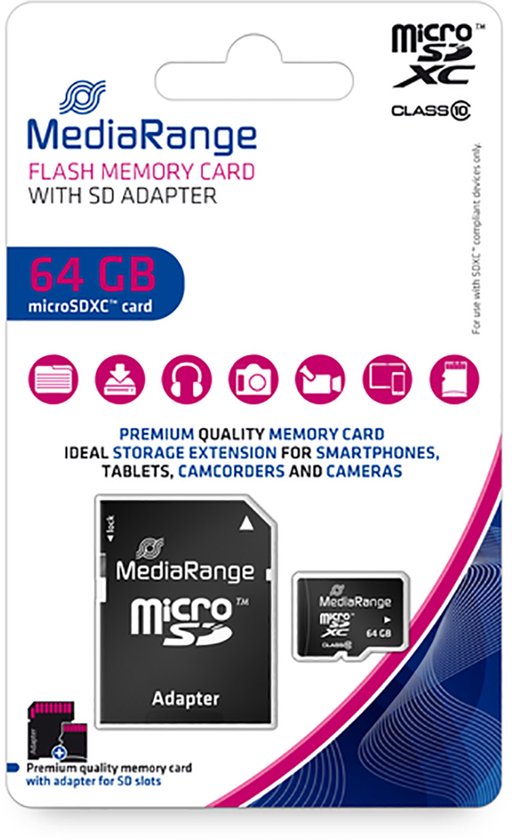MediaRange microSD kaart - 64 GB - class 10 - inclusief adapter
