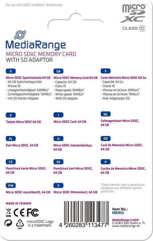 MediaRange microSD kaart - 64 GB - class 10 - inclusief adapter