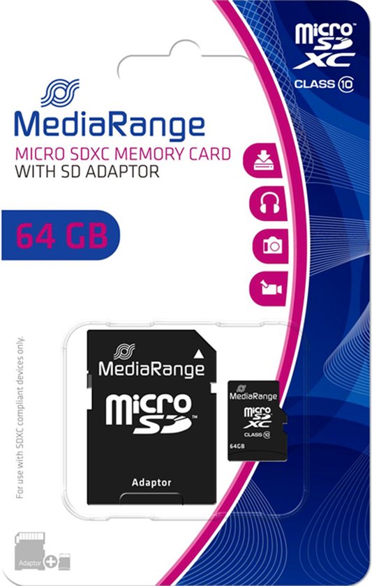 MediaRange microSD kaart - 64 GB - class 10 - inclusief adapter