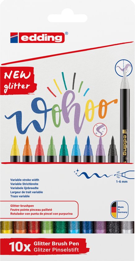 Edding 1340 glitter brush pens set of 10 - brush tip 1-6 mm - Assorted colors