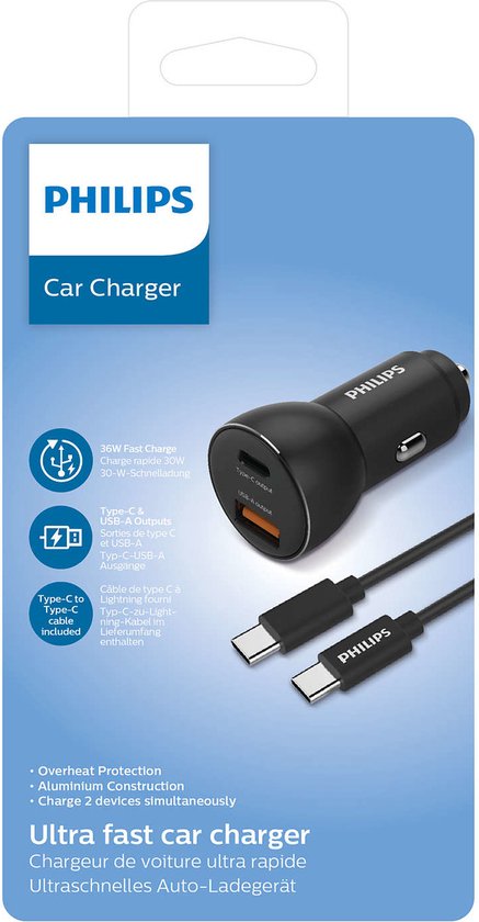 Philips car charger - USB-A and USB-C 36W fast charge - incl. USB-C cable - Black