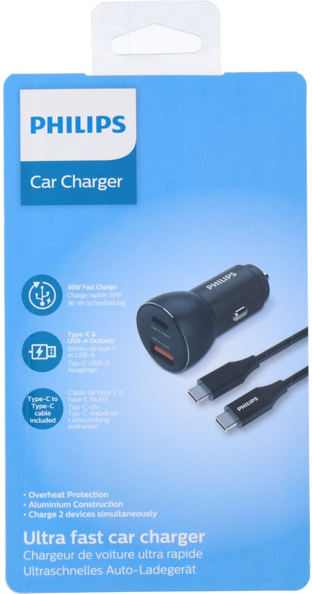 Philips car charger - USB-A and USB-C 36W fast charge - incl. USB-C cable - Black
