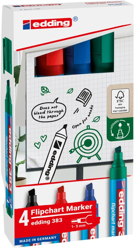 Edding 383 flipchart marker set of 4 - chisel nib 1-5 mm - refillable - Black, red, blue, green