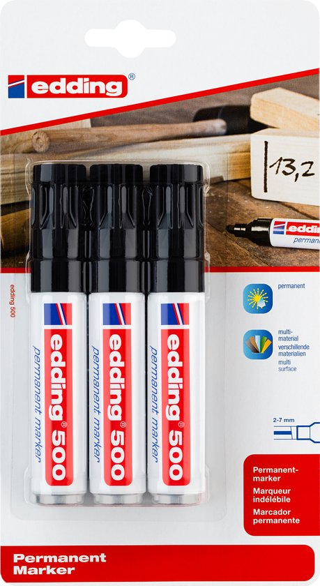 Edding 500 permanent marker set of 3 - chisel tip 2-7 mm - water and smudge proof - Black