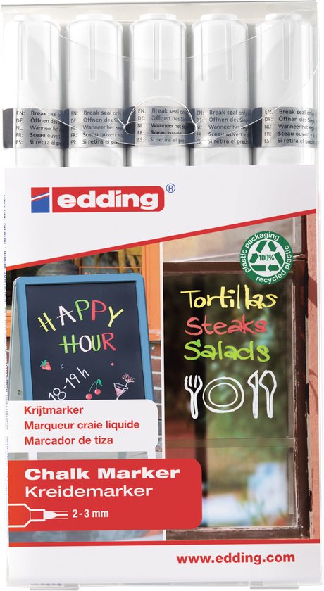 Edding 4095 chalk marker set of 5 - round nib 2-3 mm - wipeable - White