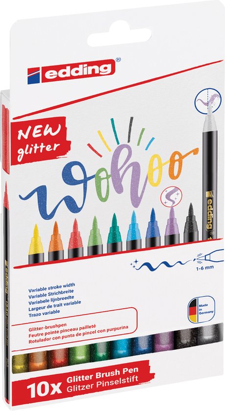 Edding 1340 glitter brush pens set of 10 - brush tip 1-6 mm - Assorted colors