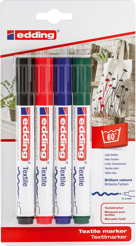 Edding 4500 Textile marker set of 4 - round nib 2-3 mm washing machine resistant - Black Red Blue Green