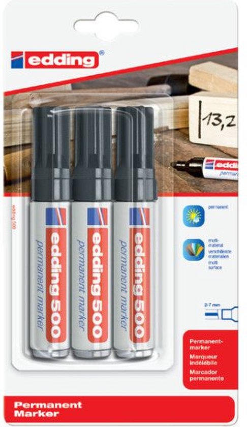 Edding 500 permanent marker set of 3 - chisel tip 2-7 mm - water and smudge proof - Black