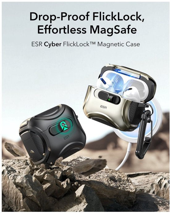 ESR hoesje - geschikt voor AirPods Pro 3 (2025) - Cyber FlickLock - MagSafe - karabijnhaak - Titanium