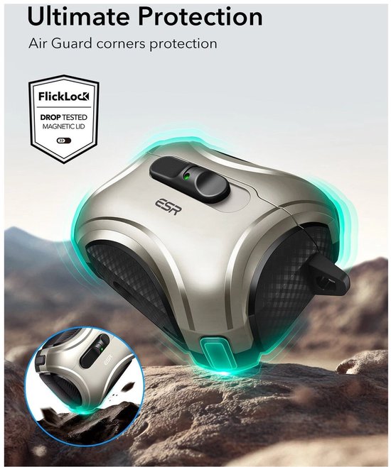 ESR hoesje - geschikt voor AirPods Pro 3 (2025) - Cyber FlickLock - MagSafe - karabijnhaak - Titanium