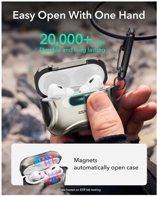 ESR hoesje - geschikt voor AirPods Pro 3 (2025) - Cyber FlickLock - MagSafe - karabijnhaak - Titanium