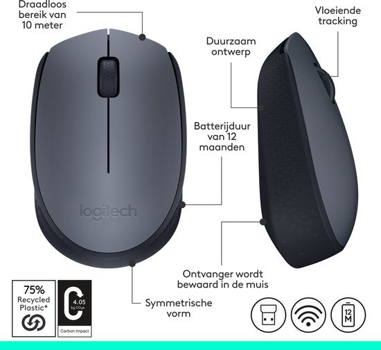Logitech M170 draadloze muis - PC/Mac - USB mini receiver - Grijs