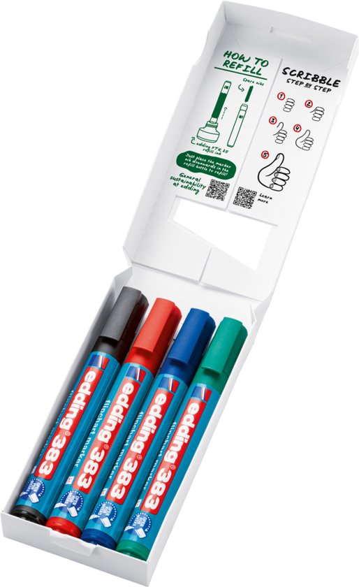 Edding 383 flipchart marker set of 4 - chisel nib 1-5 mm - refillable - Black, red, blue, green