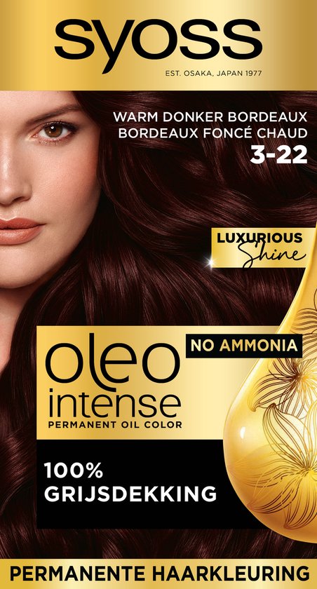 Syoss Oleo Intense haarverf 3-22 - warm donker bordeaux - permanent ammoniakvrij - 100% grijsdekking - 1 stuk