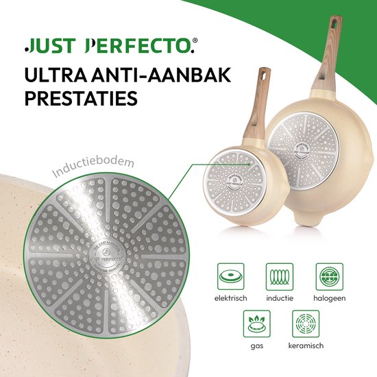 Just Perfecto pannenset - 12-delig inductie PFAS vrij - koudgrepen - Beige