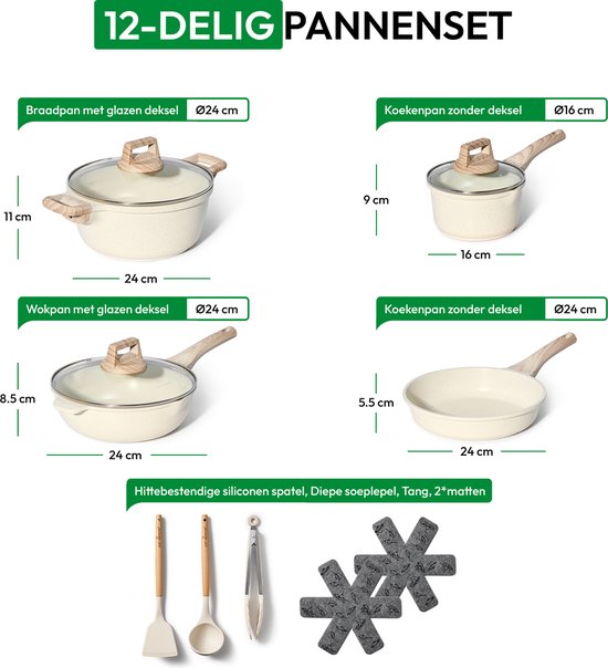 Just Perfecto pannenset - 12-delig inductie PFAS vrij - koudgrepen - Beige
