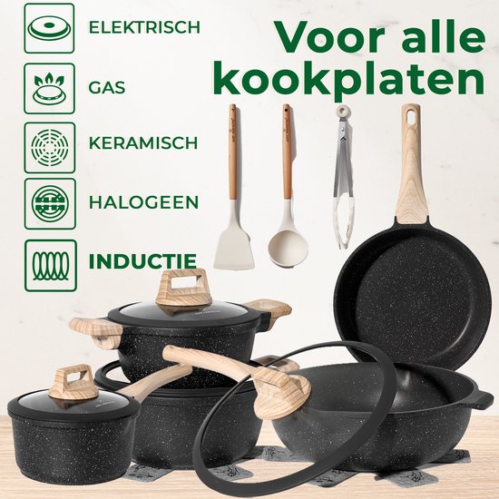 Just Perfecto pannenset - 14-delig inductie PFAS vrij koudgrepen - Zwart