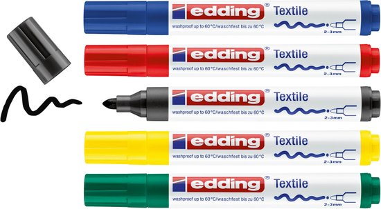 Edding 4500 Textile Marker Set of 5 - Round Nib 2-3 mm - Machine Washable 60°C