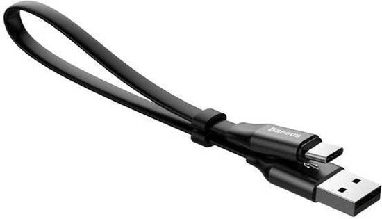 Baseus Korte Platte USB-C Kabel 23cm Zwart – USB-A naar USB-C – Oplaad- en Data Kabel 2A – Anti-Knoop - Compact - Ideaal voor Powerbanks - Zwart