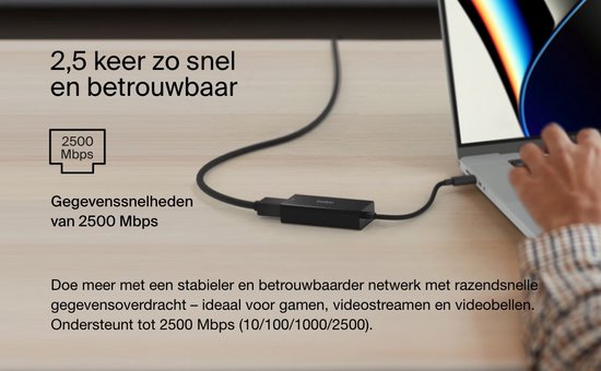 Belkin USB-C Ethernet Adapter - 2.5GB Gigabit - MacBook Pro/iPad Pro/Chromebook