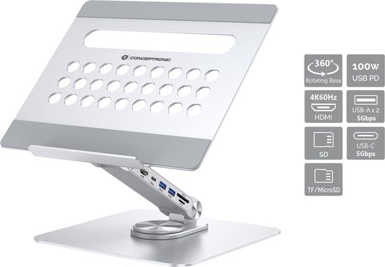 DONN27G laptopstandaard - 7-in-1 dockingstation 360° draaibaar opvouwbaar