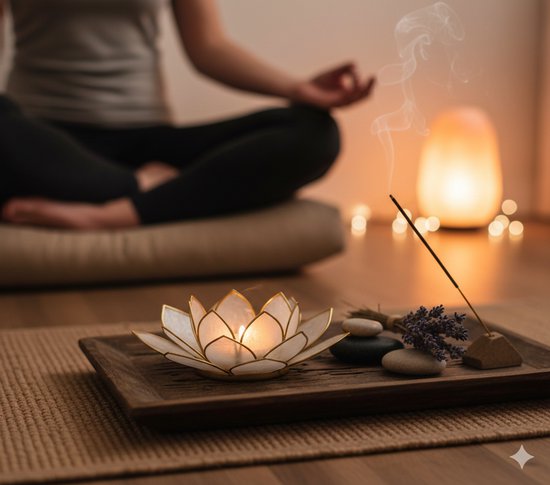 Lotus tea light holder - capiz natural gold rim - 13.5 cm