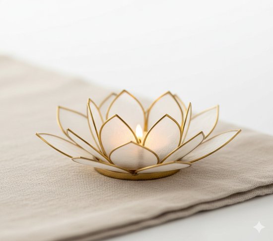 Lotus tea light holder - capiz natural gold rim - 13.5 cm