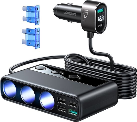 Joyroom 154W Autolader met Sigarettenontsteker Splitter met USB C en USB A - Zwart