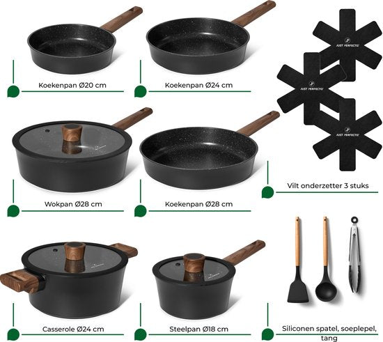 Just Perfecto pannenset - 15-delig inductie - PFAS vrij - koudgrepen - Zwart