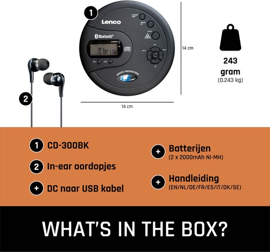 Lenco CD-300BK discman - draagbare bluetooth CD-MP3 speler - anti-shock oplaadbaar - Zwart