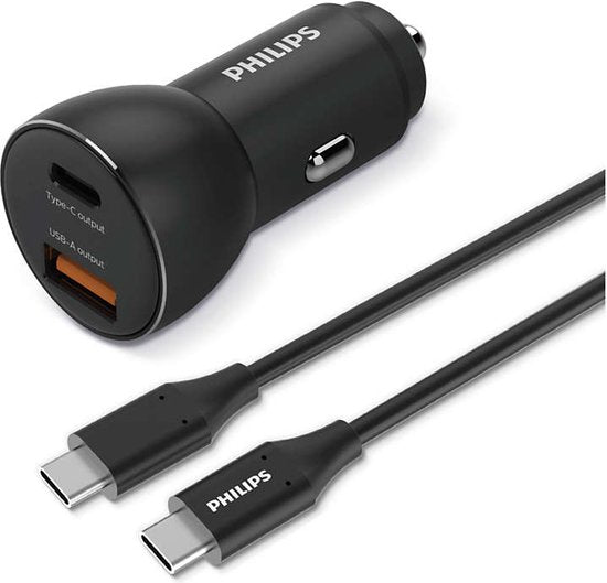 Philips car charger - USB-A and USB-C 36W fast charge - incl. USB-C cable - Black