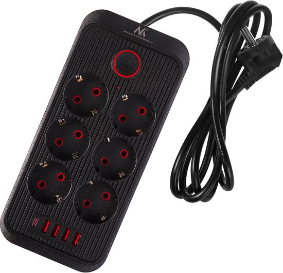 Maclean MCE389 B stekkerdoos - 6-polig + 4×USB - 1,5 m - Zwart