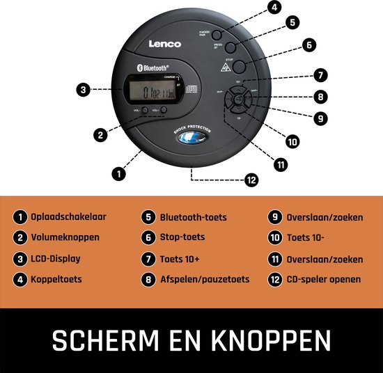 Lenco CD-300BK discman - draagbare bluetooth CD-MP3 speler - anti-shock oplaadbaar - Zwart