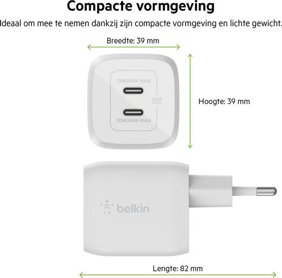Belkin Boost Up Charge Pro Adapter - 2-Port USB-C 45W - White