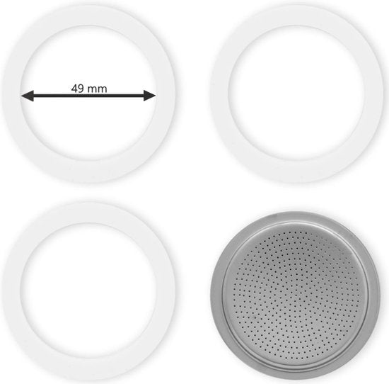 Bialetti filterplaatje set - aluminium 49 mm - 3 en 4 kops - inclusief 3 rubberen ringen