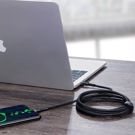 Baseus Cafule USB C Kabel naar USB C 2 meter zwart grijs - 5A - 100W - PD2.0 Power Delivery - QC3.0 Quick Charge - gewoven - velcro bandje