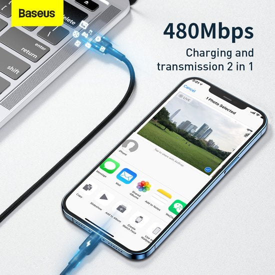 Baseus Cafule Cable - USB-C to Lightning PD 20W 1 meter - Grey/Black