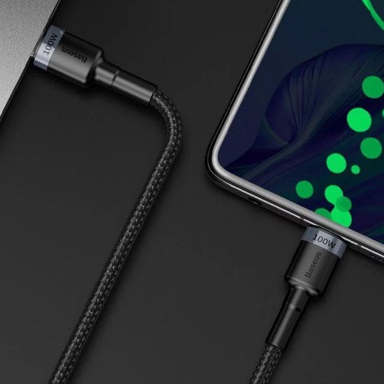 Baseus Cafule USB C Kabel naar USB C 2 meter zwart grijs - 5A - 100W - PD2.0 Power Delivery - QC3.0 Quick Charge - gewoven - velcro bandje