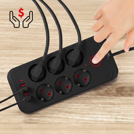 Maclean MCE389 B Power Strip - 6-way + 4×USB - 1.5 m - Black