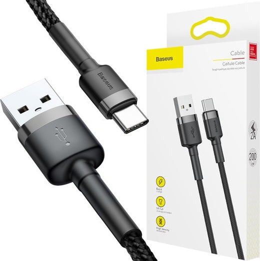 Baseus USB-C kabel - gevlochten 2 meter 2A - Zwart/Grijs