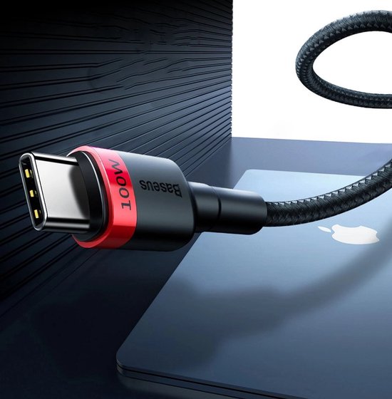 Baseus Cafule USB C Kabel naar USB C 2 meter zwart grijs - 5A - 100W - PD2.0 Power Delivery - QC3.0 Quick Charge - gewoven - velcro bandje