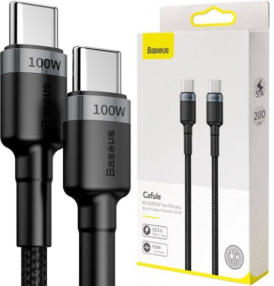 Baseus Cafule USB C Kabel naar USB C 2 meter zwart grijs - 5A - 100W - PD2.0 Power Delivery - QC3.0 Quick Charge - gewoven - velcro bandje