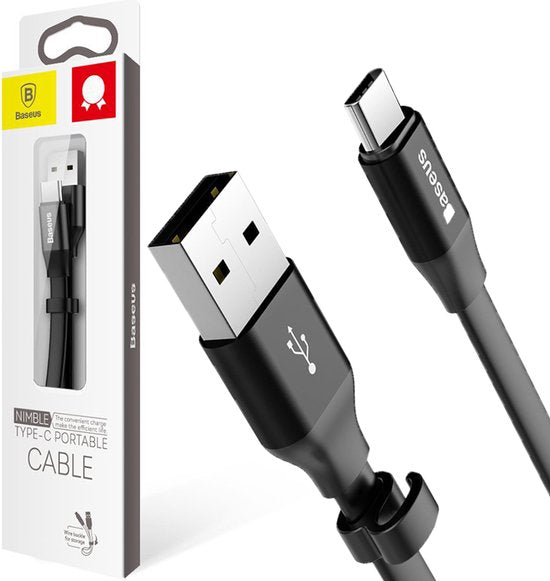 Baseus Korte Platte USB-C Kabel 23cm Zwart – USB-A naar USB-C – Oplaad- en Data Kabel 2A – Anti-Knoop - Compact - Ideaal voor Powerbanks - Zwart
