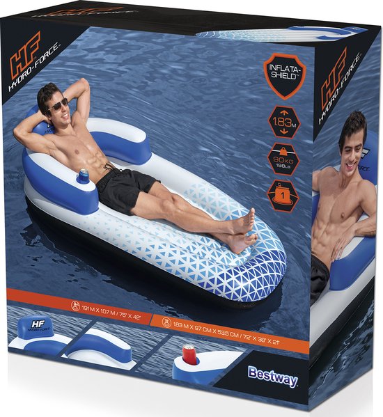 Hydro Force drijvend loungebed - 191×107 cm - zwembad luchtbed - Blauw/wit