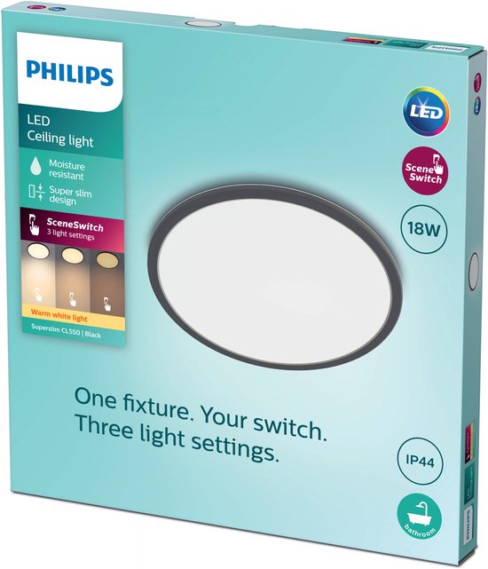 Philips SuperSlim bathroom ceiling light - round 18W - Black
